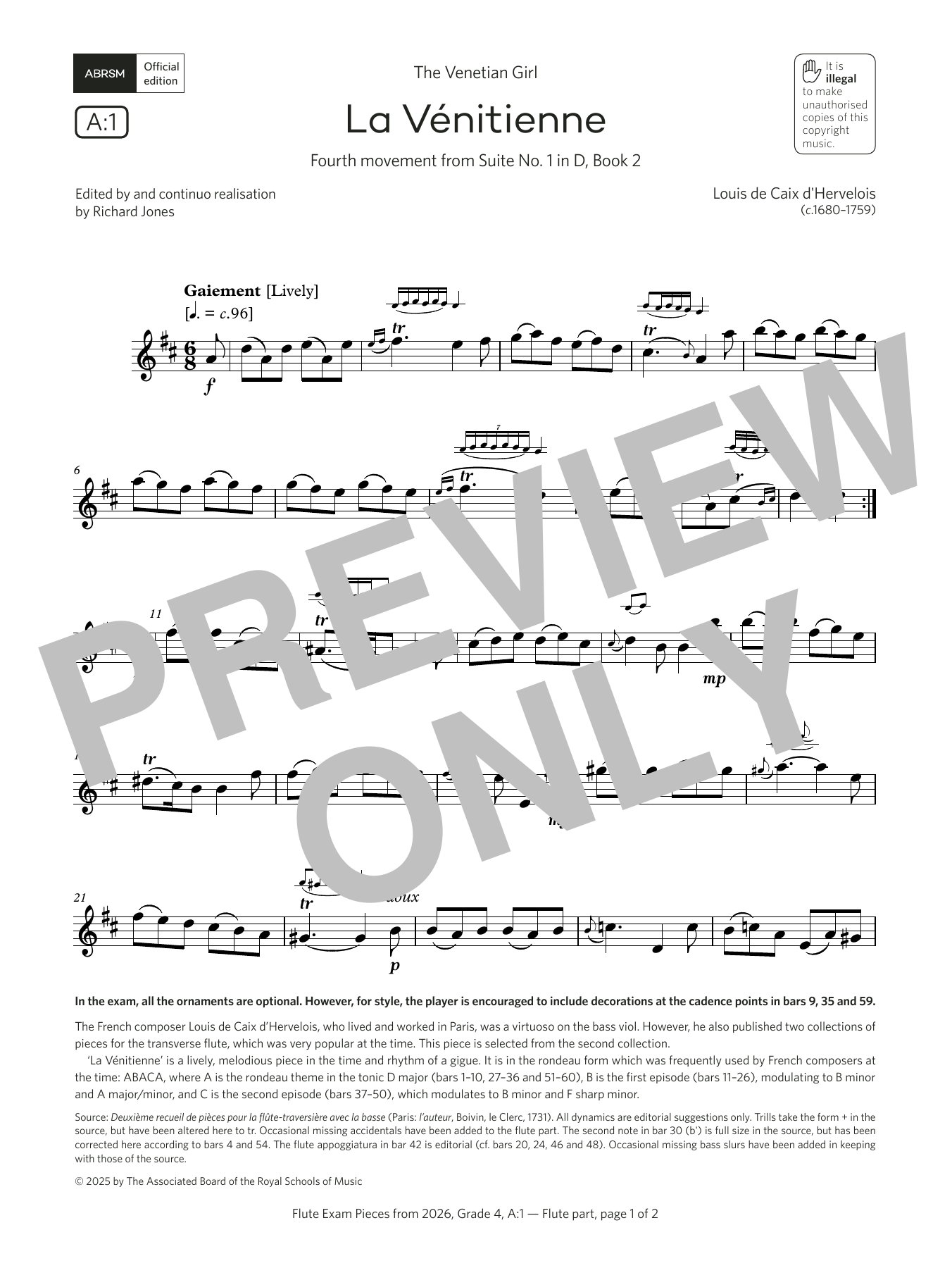 Download Louis de Caix d'Hervelois La Vénitienne (Grade 4, list A1, from the ABRSM Flute Syllabus from 2026) Sheet Music and learn how to play Flute Solo PDF digital score in minutes