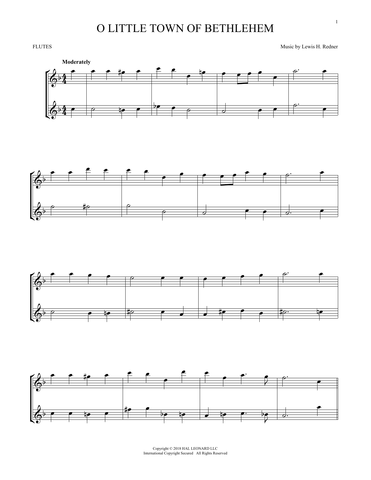 Download Lewis H. Redner O Little Town Of Bethlehem Sheet Music and learn how to play Flute Duet PDF digital score in minutes