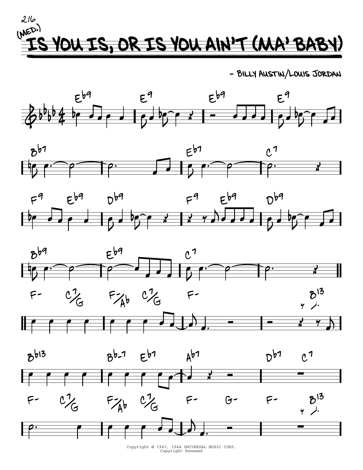 Download Louis Jordan and his Tympany Five Is You Is, Or Is You Ain't (Ma' Baby) [Reharmonized version] (arr. Jack Grassel) Sheet Music and learn how to play Real Book – Melody & Chords PDF digital score in minutes