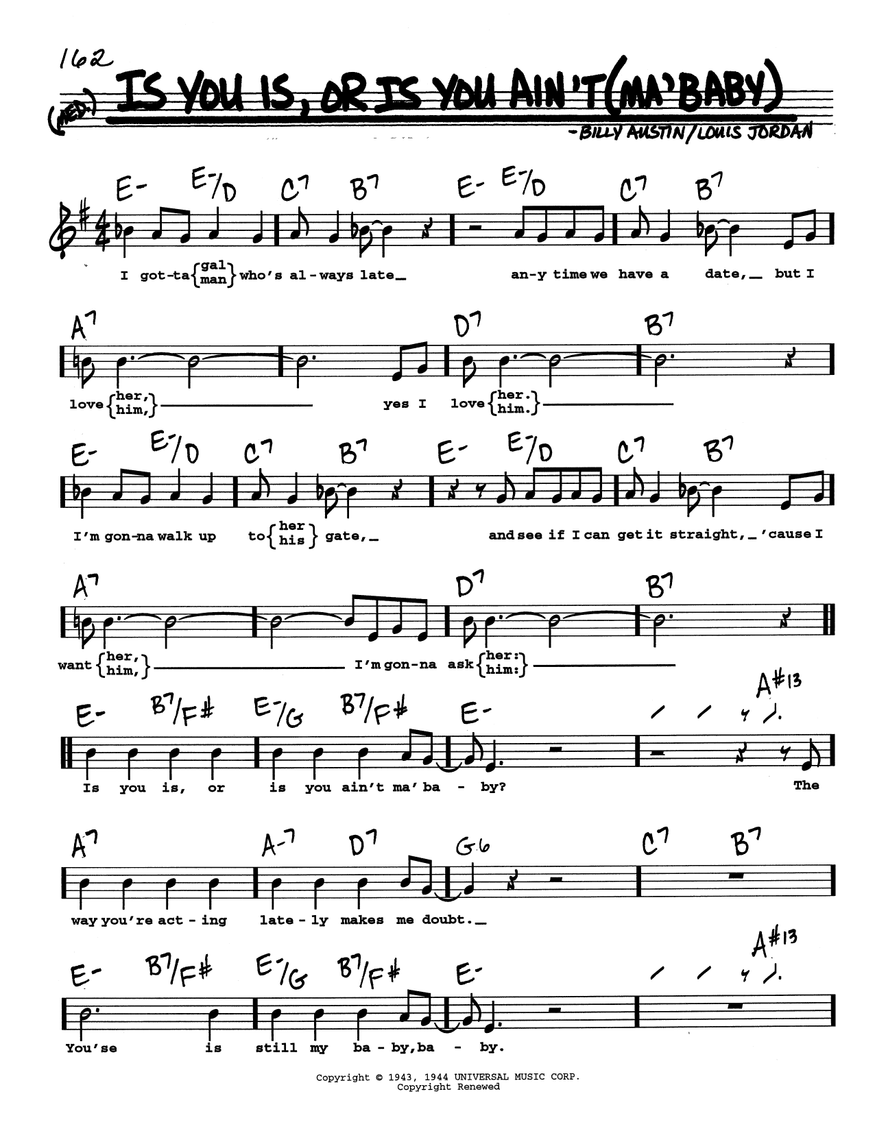 Download Louis Jordan Is You Is, Or Is You Ain't (Ma' Baby) (Low Voice) Sheet Music and learn how to play Real Book – Melody, Lyrics & Chords PDF digital score in minutes