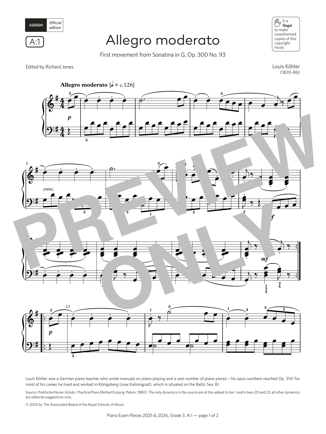 Download Louis Köhler Allegro moderato (Grade 3, list A1, from the ABRSM Piano Syllabus 2025 & 2026) Sheet Music and learn how to play Piano Solo PDF digital score in minutes