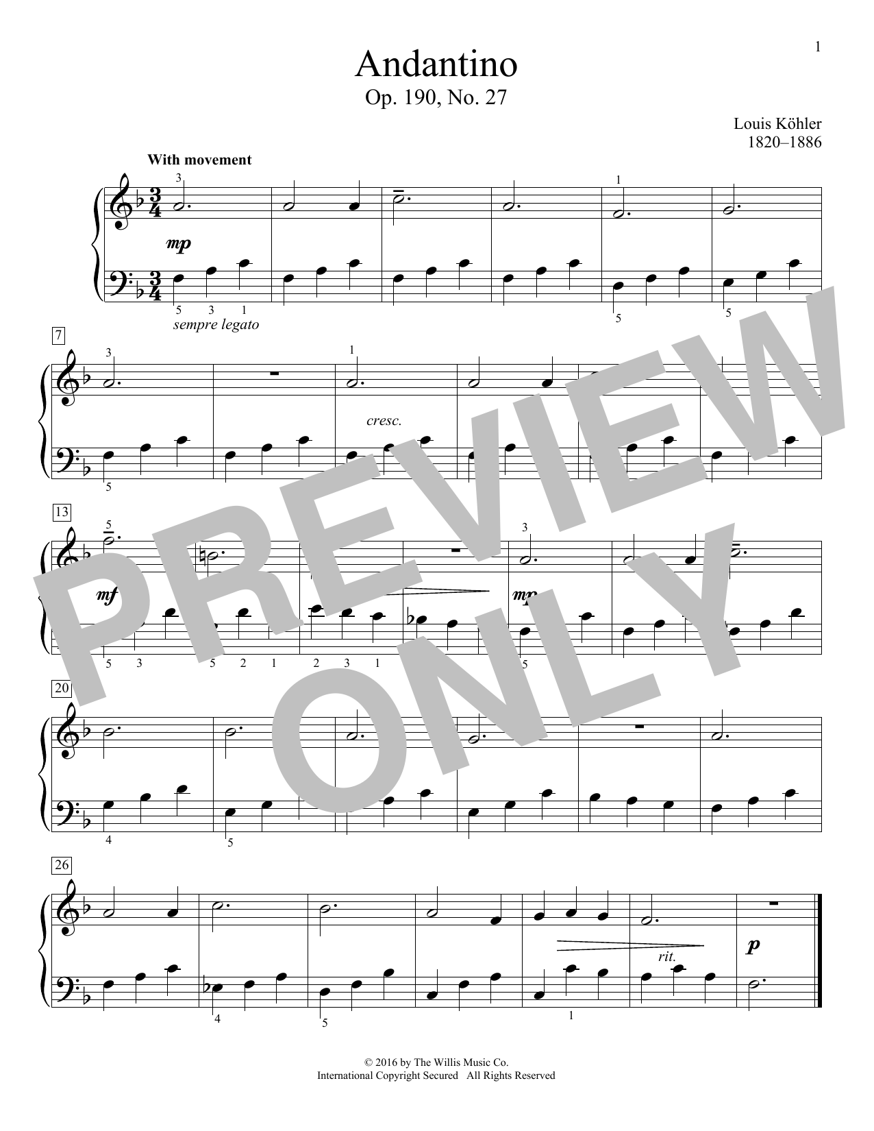 Download Louis Kohler Andantino, Op. 190, No. 27 Sheet Music and learn how to play Educational Piano PDF digital score in minutes