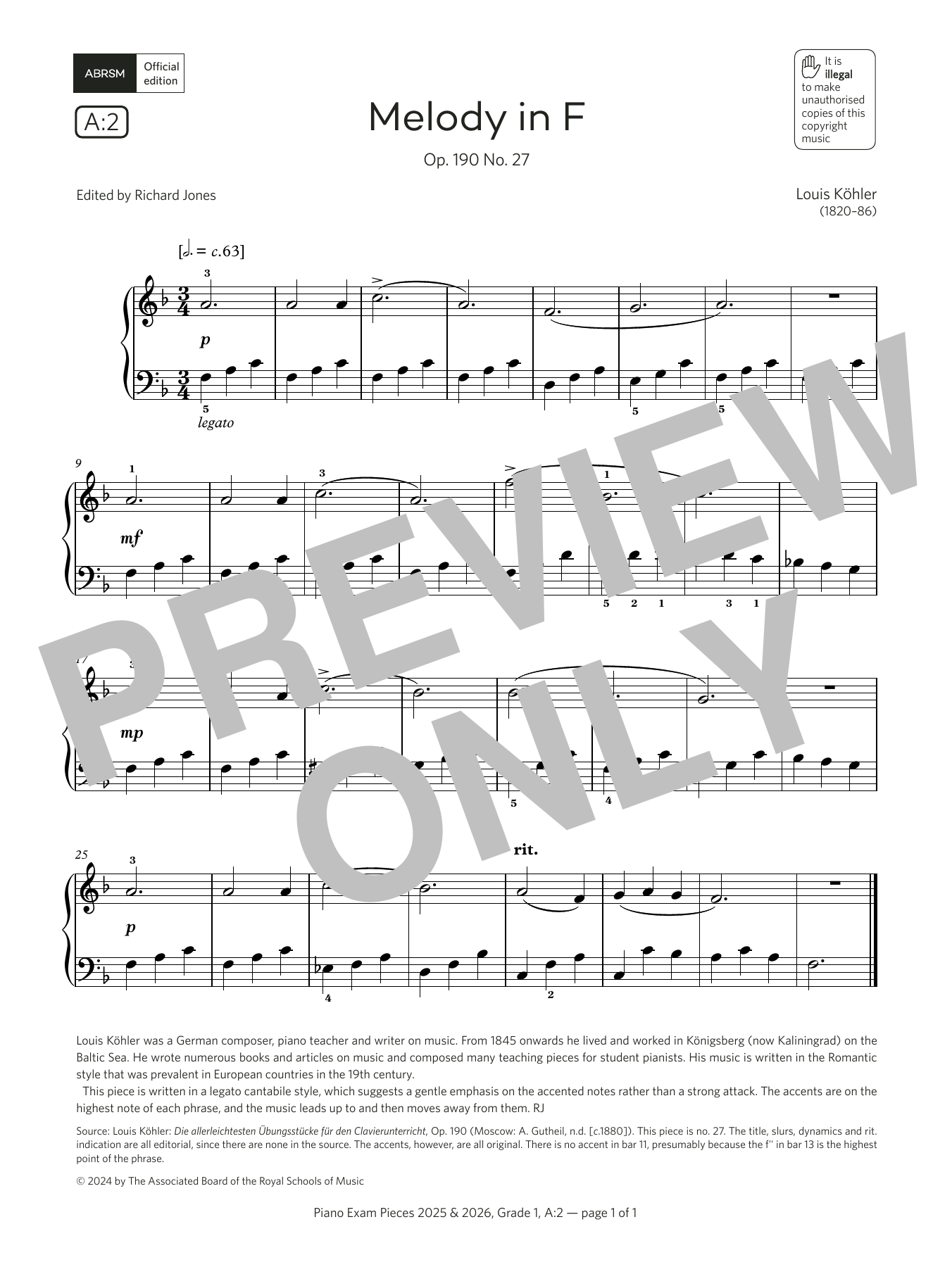 Download Louis Köhler Melody in F (Grade 1, list A2, from the ABRSM Piano Syllabus 2025 & 2026) Sheet Music and learn how to play Piano Solo PDF digital score in minutes