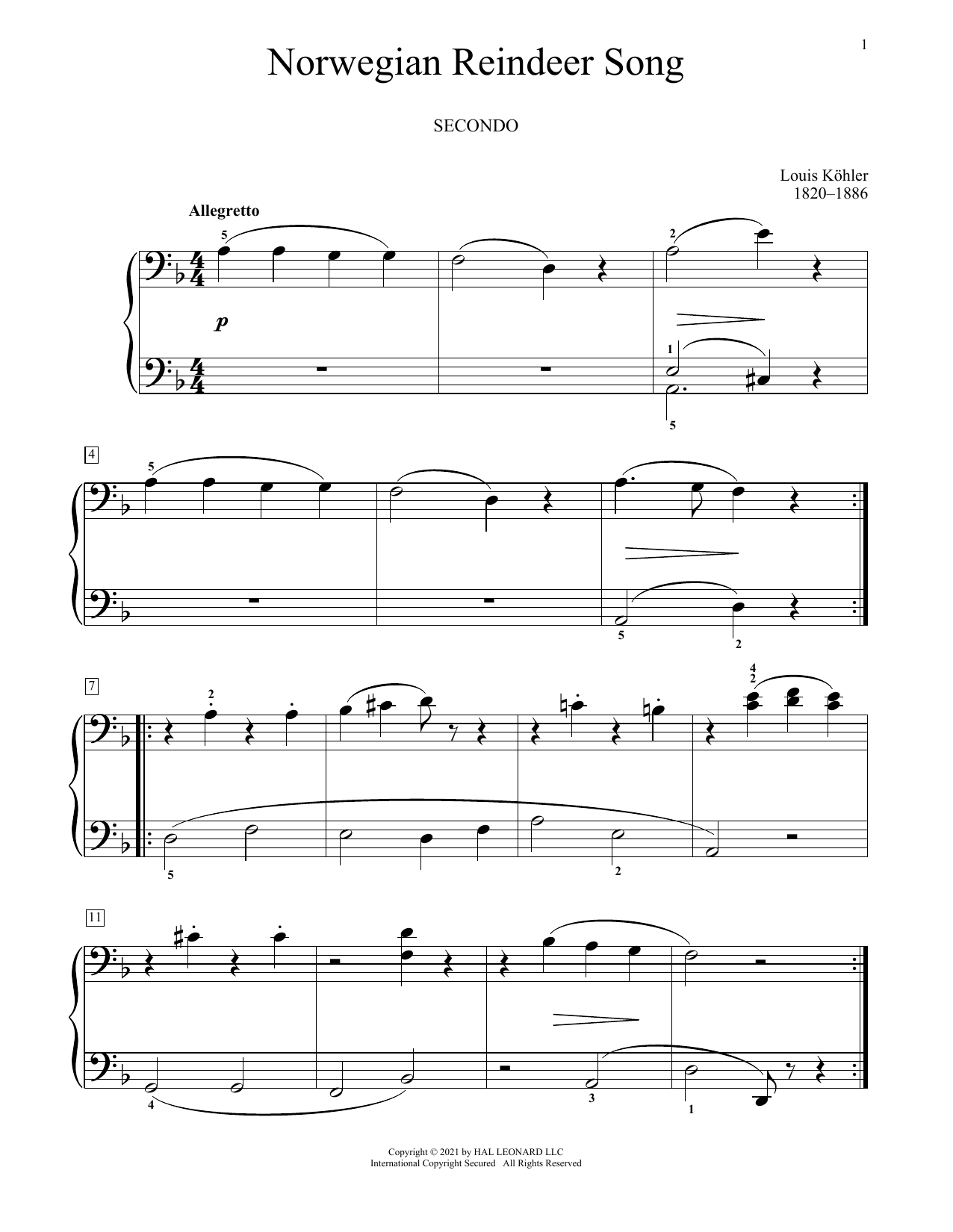Download Louis Kohler Norwegian Reindeer Song Sheet Music and learn how to play Piano Duet PDF digital score in minutes