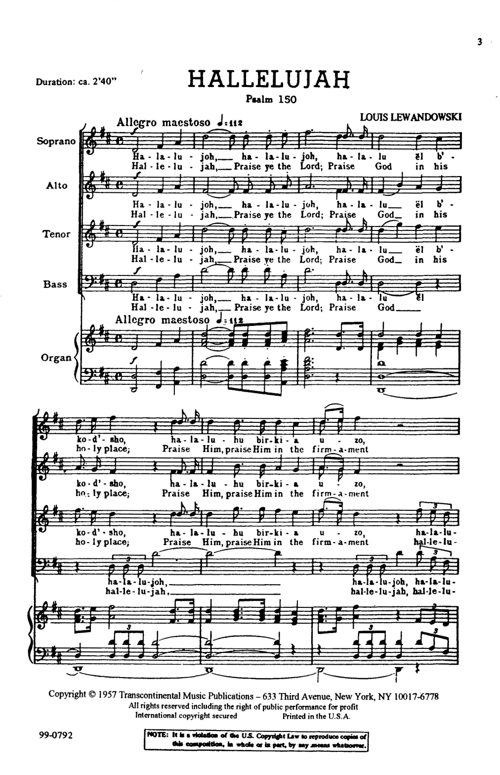 Download Louis Lewandowski Hallelujah (Psalm 150) Sheet Music and learn how to play SATB Choir PDF digital score in minutes