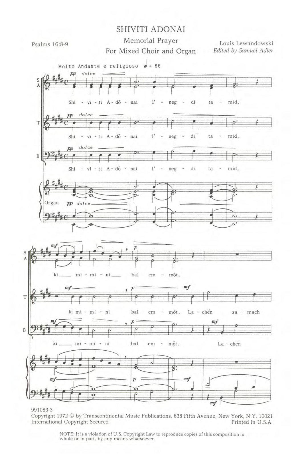 Download Louis Lewandowski Shiviti Adonai Sheet Music and learn how to play SATB Choir PDF digital score in minutes