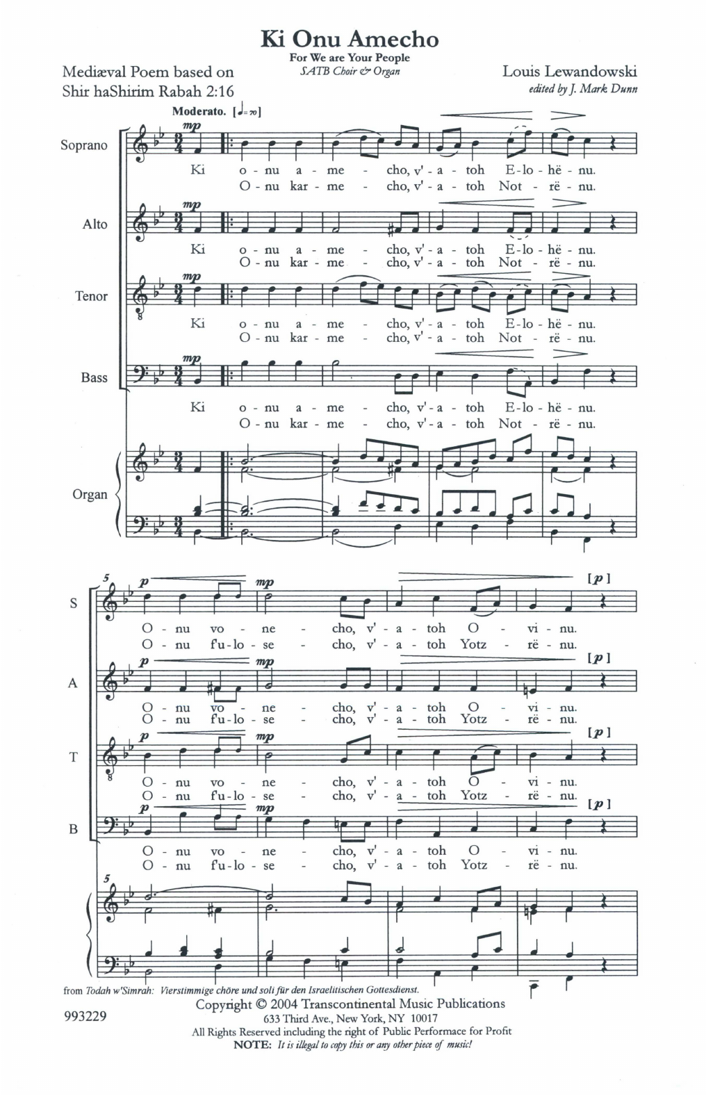 Download Louis Lewandowski Two Settings of Ki Onu Omecho Sheet Music and learn how to play SATB Choir PDF digital score in minutes