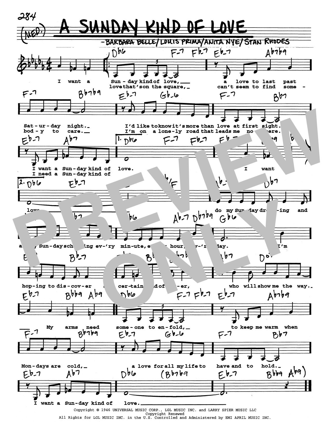 Download Louis Prima A Sunday Kind Of Love (Low Voice) Sheet Music and learn how to play Real Book – Melody, Lyrics & Chords PDF digital score in minutes