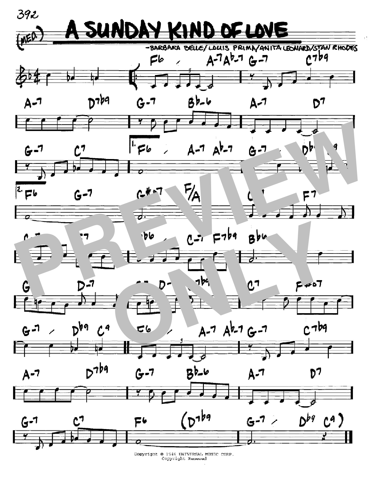 Download Louis Prima A Sunday Kind Of Love Sheet Music and learn how to play Real Book - Melody, Lyrics & Chords - C Instruments PDF digital score in minutes