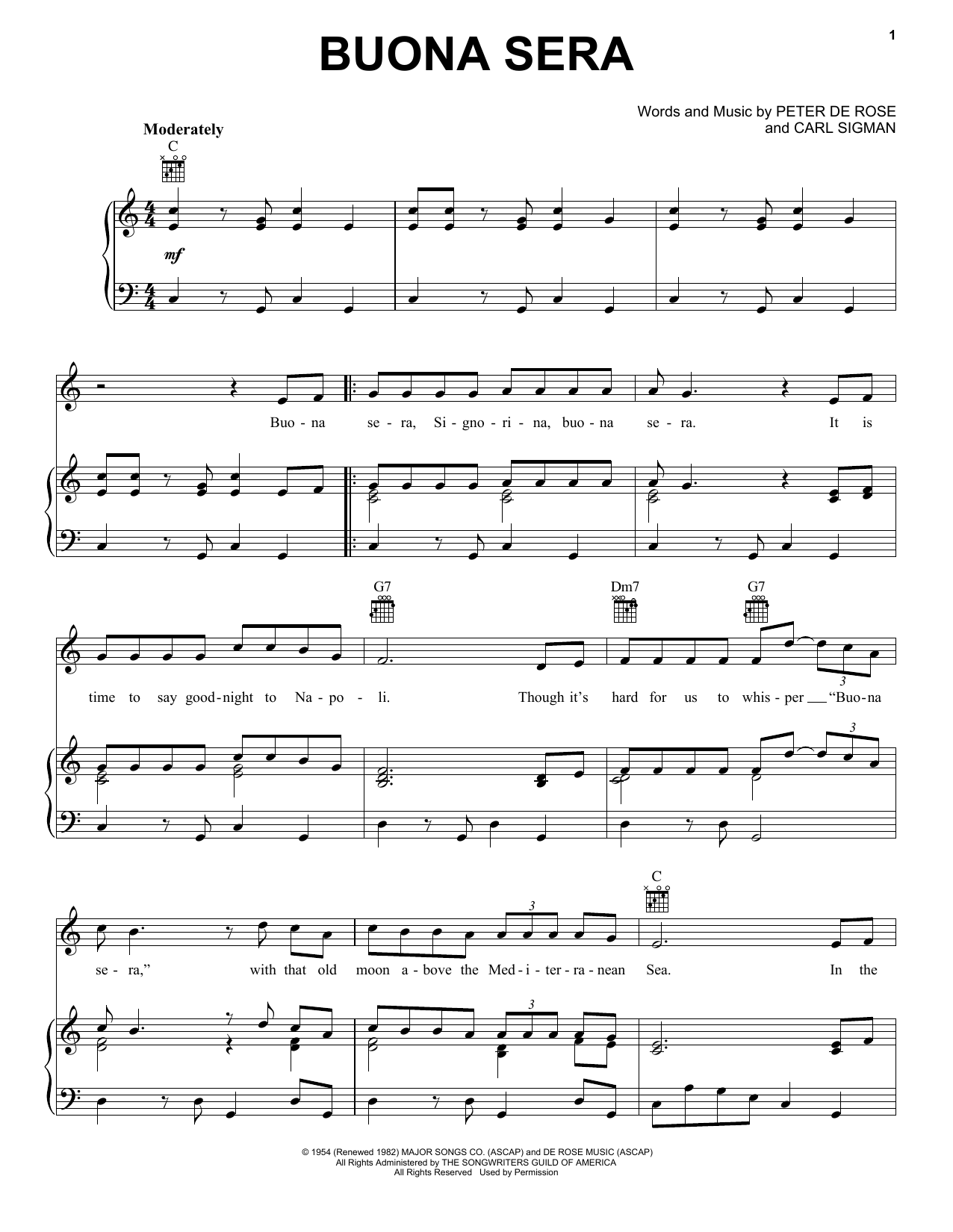 Download Louis Prima Buona Sera Sheet Music and learn how to play Piano, Vocal & Guitar (Right-Hand Melody) PDF digital score in minutes