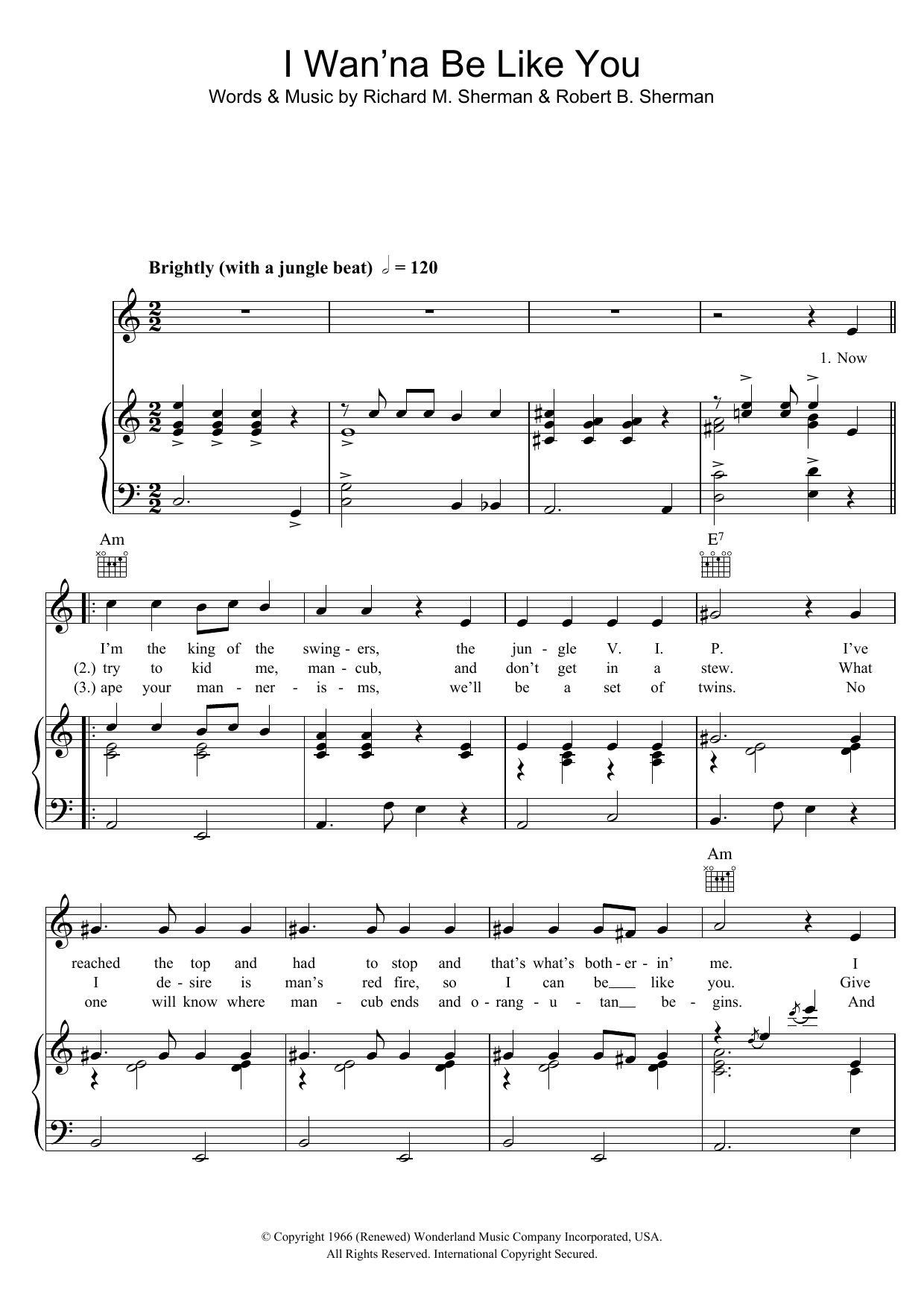 Download Louis Prima I Wanna Be Like You (from The Jungle Book) Sheet Music and learn how to play Piano, Vocal & Guitar (Right-Hand Melody) PDF digital score in minutes