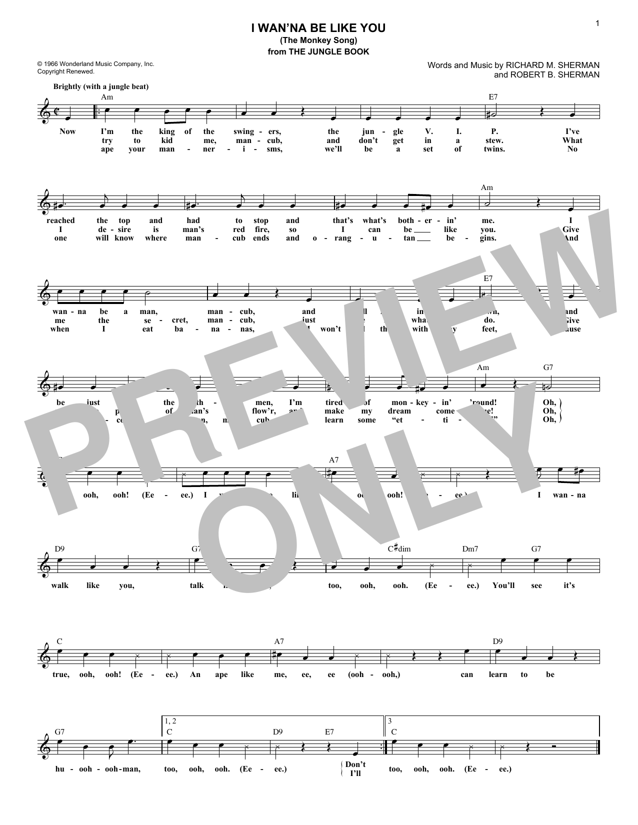 Download Robert B. Sherman I Wan'na Be Like You (The Monkey Song) Sheet Music and learn how to play Melody Line, Lyrics & Chords PDF digital score in minutes