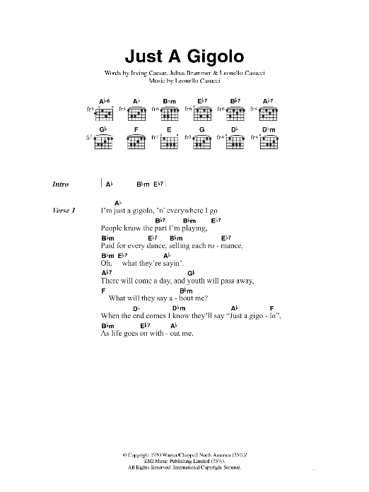 Download Louis Prima Just A Gigolo Sheet Music and learn how to play Lyrics & Chords PDF digital score in minutes