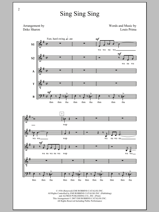 Download Louis Prima Sing, Sing, Sing (arr. Deke Sharon) Sheet Music and learn how to play SATB PDF digital score in minutes