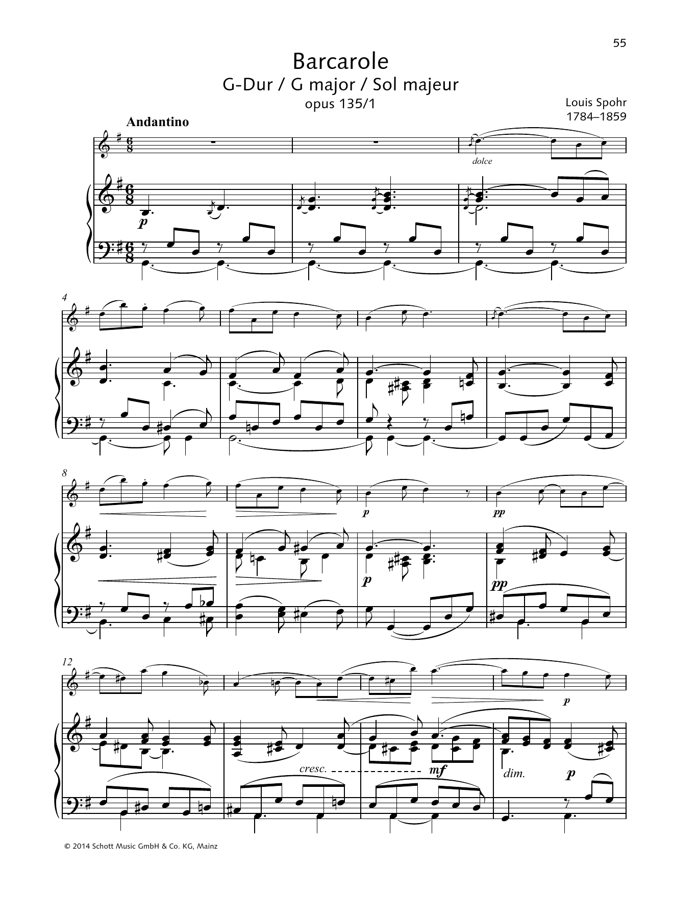 Download Louis Spohr Barcarole G major Sheet Music and learn how to play String Solo PDF digital score in minutes