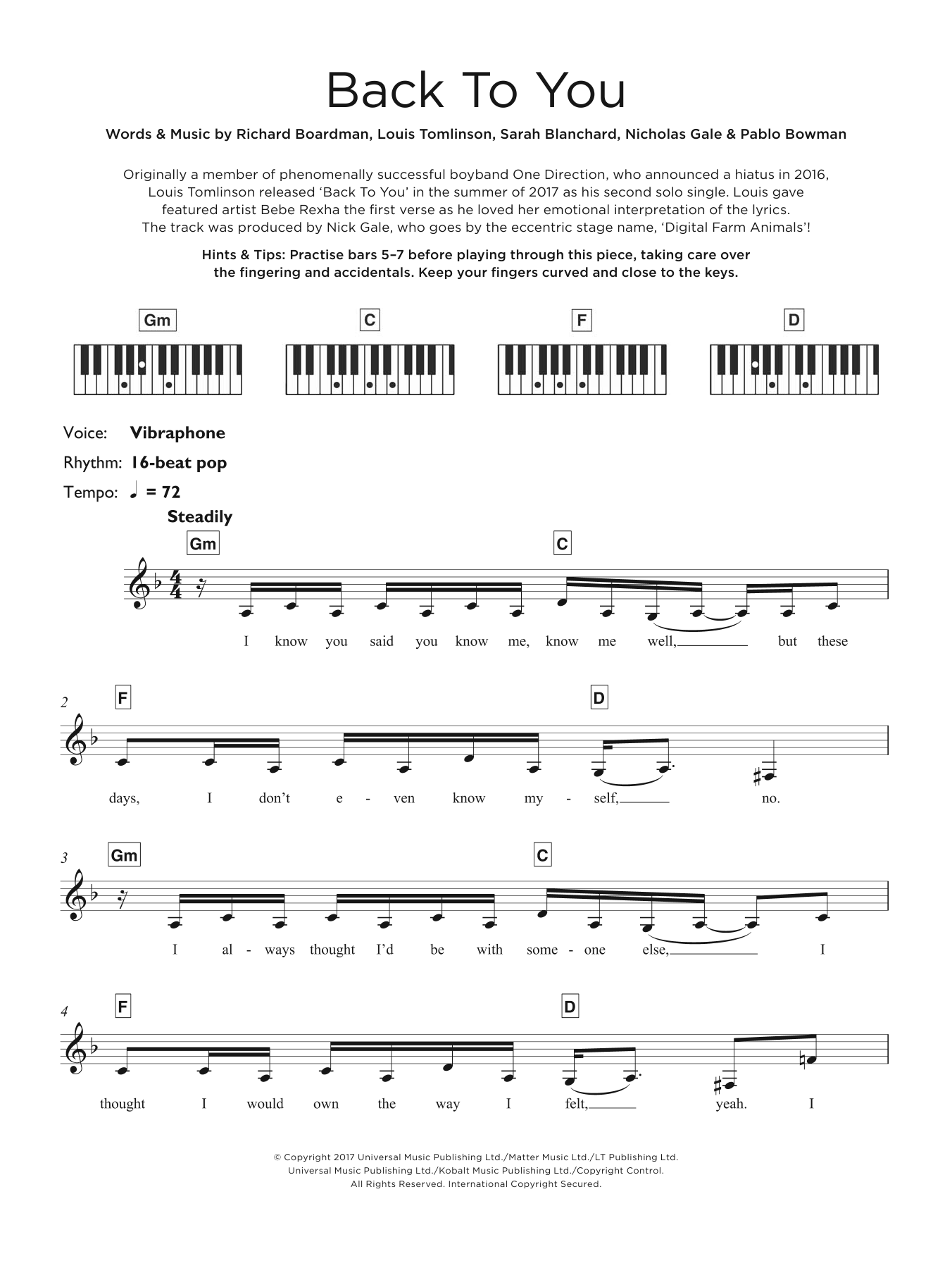 Download Louis Tomlinson Back To You (feat. Bebe Rexha & Digital Farm Animals) Sheet Music and learn how to play Keyboard PDF digital score in minutes