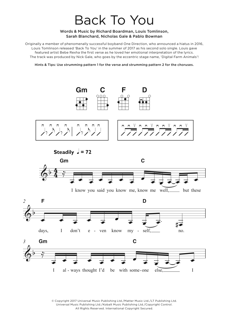 Download Louis Tomlinson Back To You (feat. Bebe Rexha & Digital Farm Animals) Sheet Music and learn how to play Beginner Ukulele PDF digital score in minutes