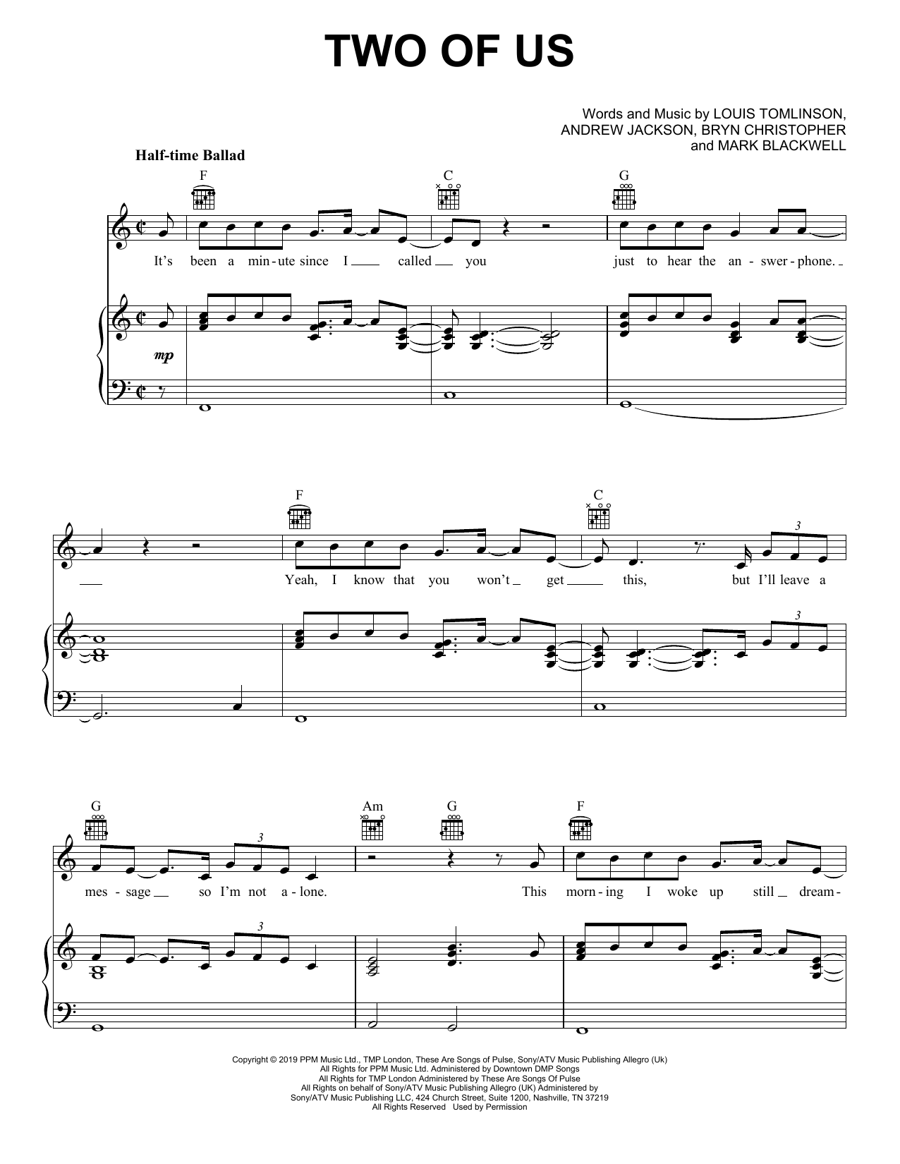 Download Louis Tomlinson Two Of Us Sheet Music and learn how to play Piano, Vocal & Guitar Chords (Right-Hand Melody) PDF digital score in minutes