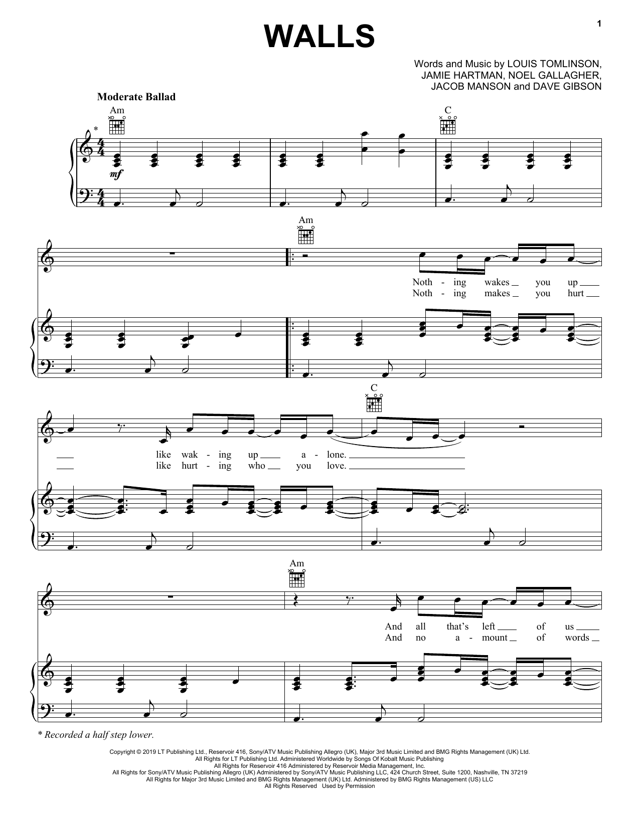 Download Louis Tomlinson Walls Sheet Music and learn how to play Piano, Vocal & Guitar Chords (Right-Hand Melody) PDF digital score in minutes