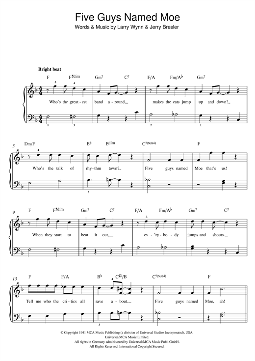 Download Louis Jordan Five Guys Named Moe Sheet Music and learn how to play Beginner Piano PDF digital score in minutes
