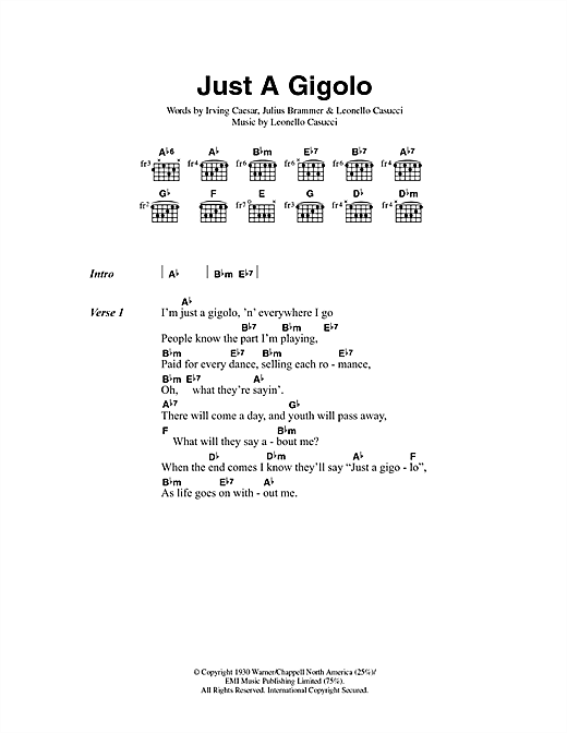 Download Louis Prima Just A Gigolo Sheet Music and learn how to play Lyrics & Chords PDF digital score in minutes