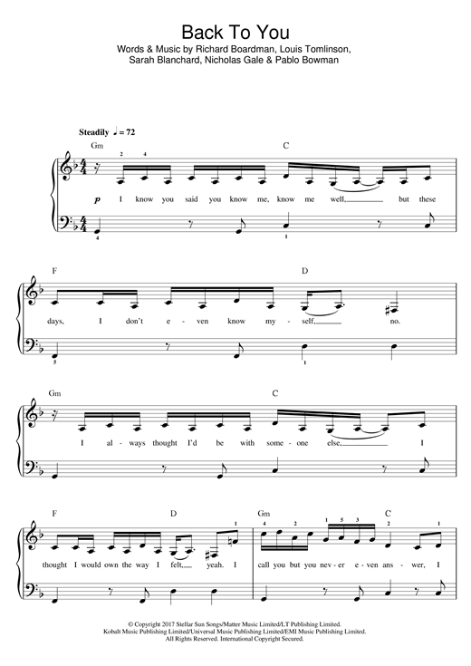 Download Louis Tomlinson Back To You (feat. Bebe Rexha & Digital Farm Animals) Sheet Music and learn how to play Beginner Piano PDF digital score in minutes