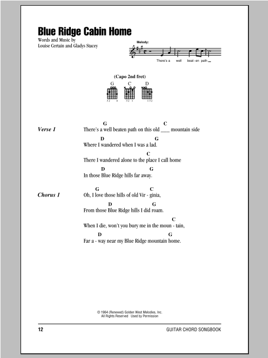 Download Louise Certain Blue Ridge Cabin Home Sheet Music and learn how to play Lyrics & Chords PDF digital score in minutes