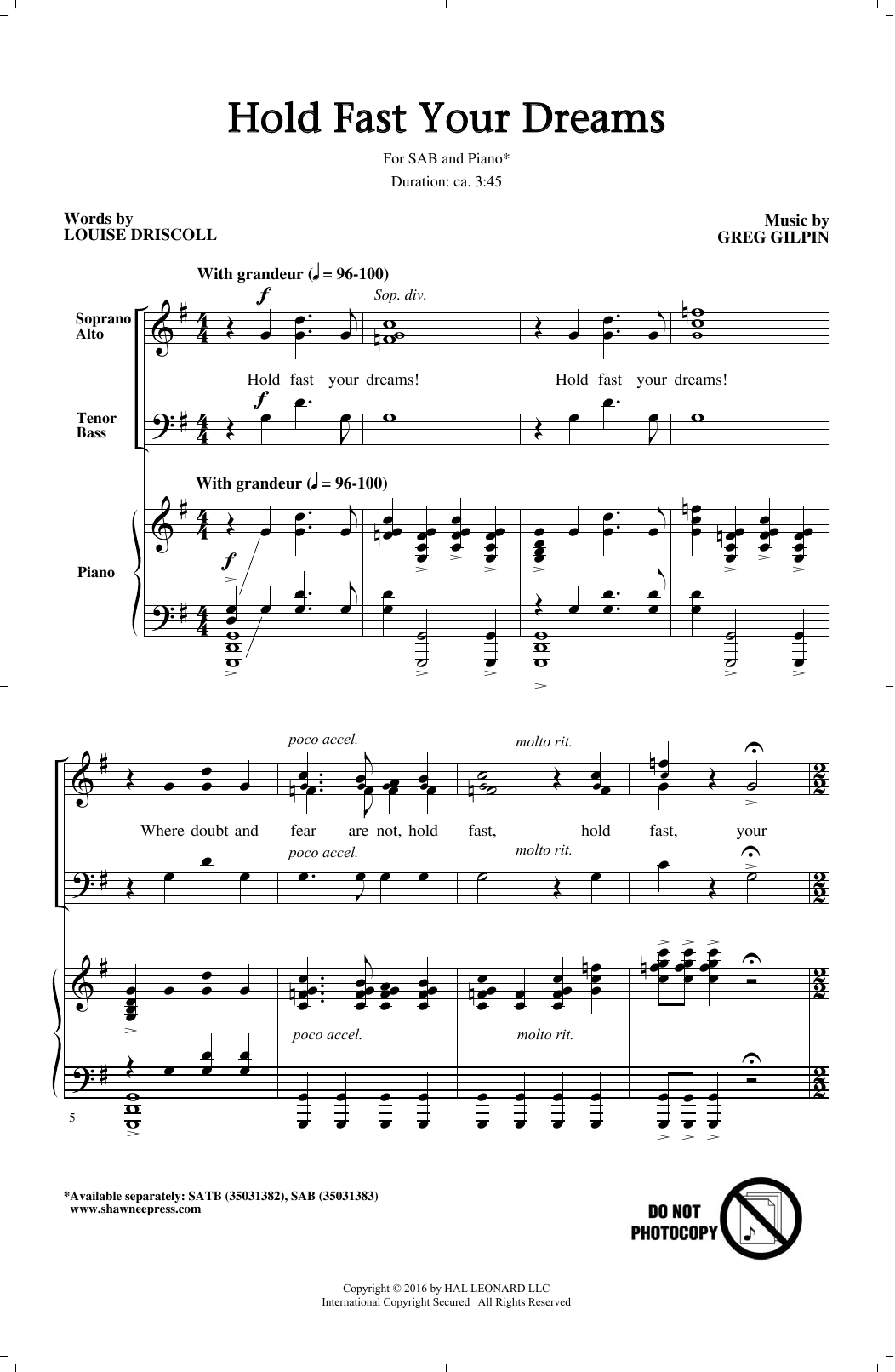 Download Greg Gilpin Hold Fast Your Dreams! Sheet Music and learn how to play SAB PDF digital score in minutes