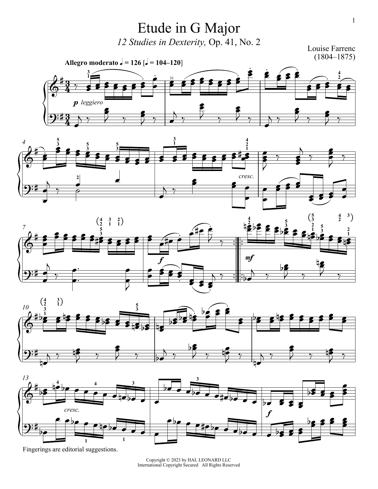 Download Louise Dumont Farrenc Etude in G Major Sheet Music and learn how to play Piano Solo PDF digital score in minutes