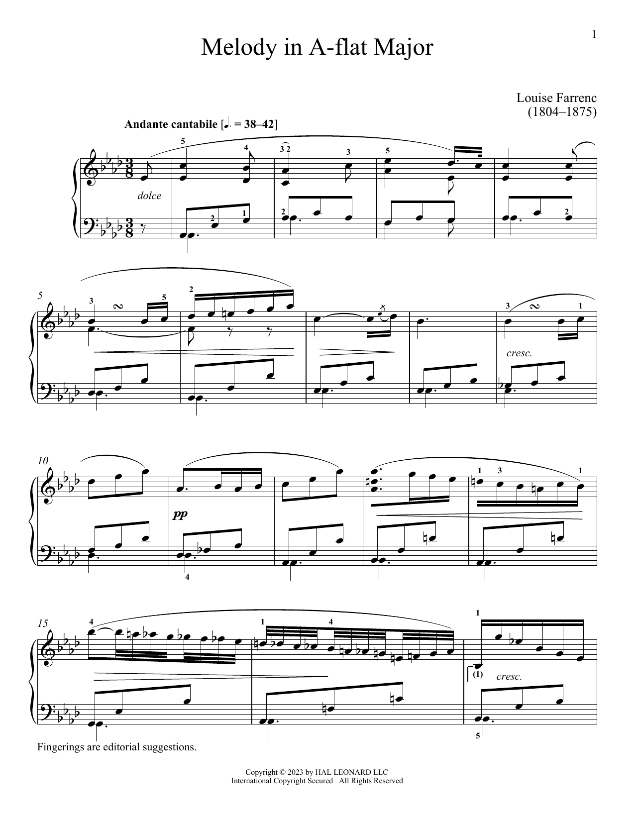 Download Louise Dumont Farrenc Melody in A-flat Major Sheet Music and learn how to play Piano Solo PDF digital score in minutes