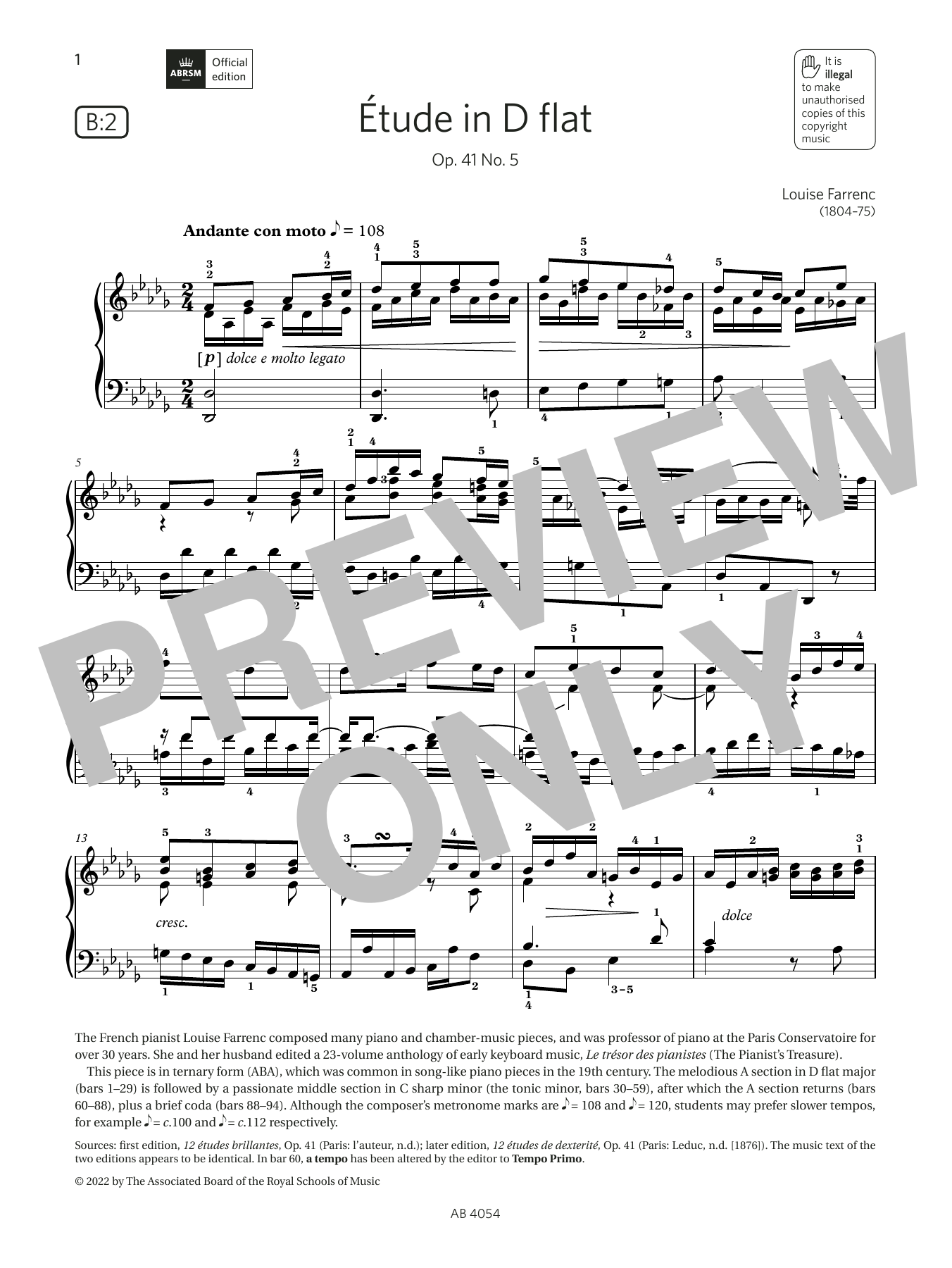 Download Louise Farrenc Étude in D flat (Grade 8, list B2, from the ABRSM Piano Syllabus 2023 & 2024) Sheet Music and learn how to play Piano Solo PDF digital score in minutes