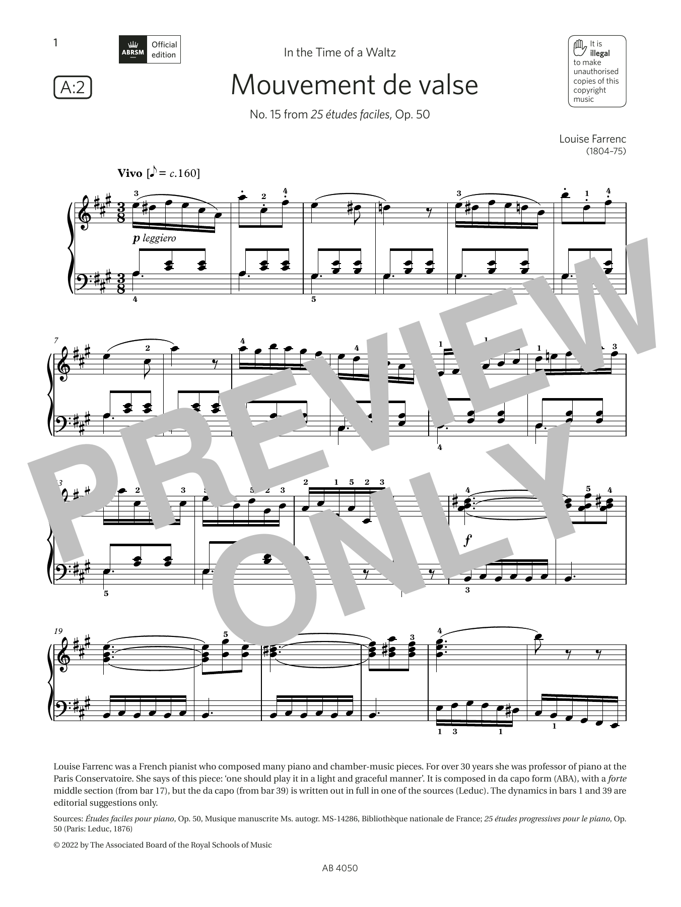 Download Louise Farrenc Mouvement de valse (Grade 4, list A2, from the ABRSM Piano Syllabus 2023 & 2024) Sheet Music and learn how to play Piano Solo PDF digital score in minutes