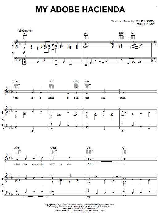 Download Louise Massey My Adobe Hacienda Sheet Music and learn how to play Piano, Vocal & Guitar (Right-Hand Melody) PDF digital score in minutes