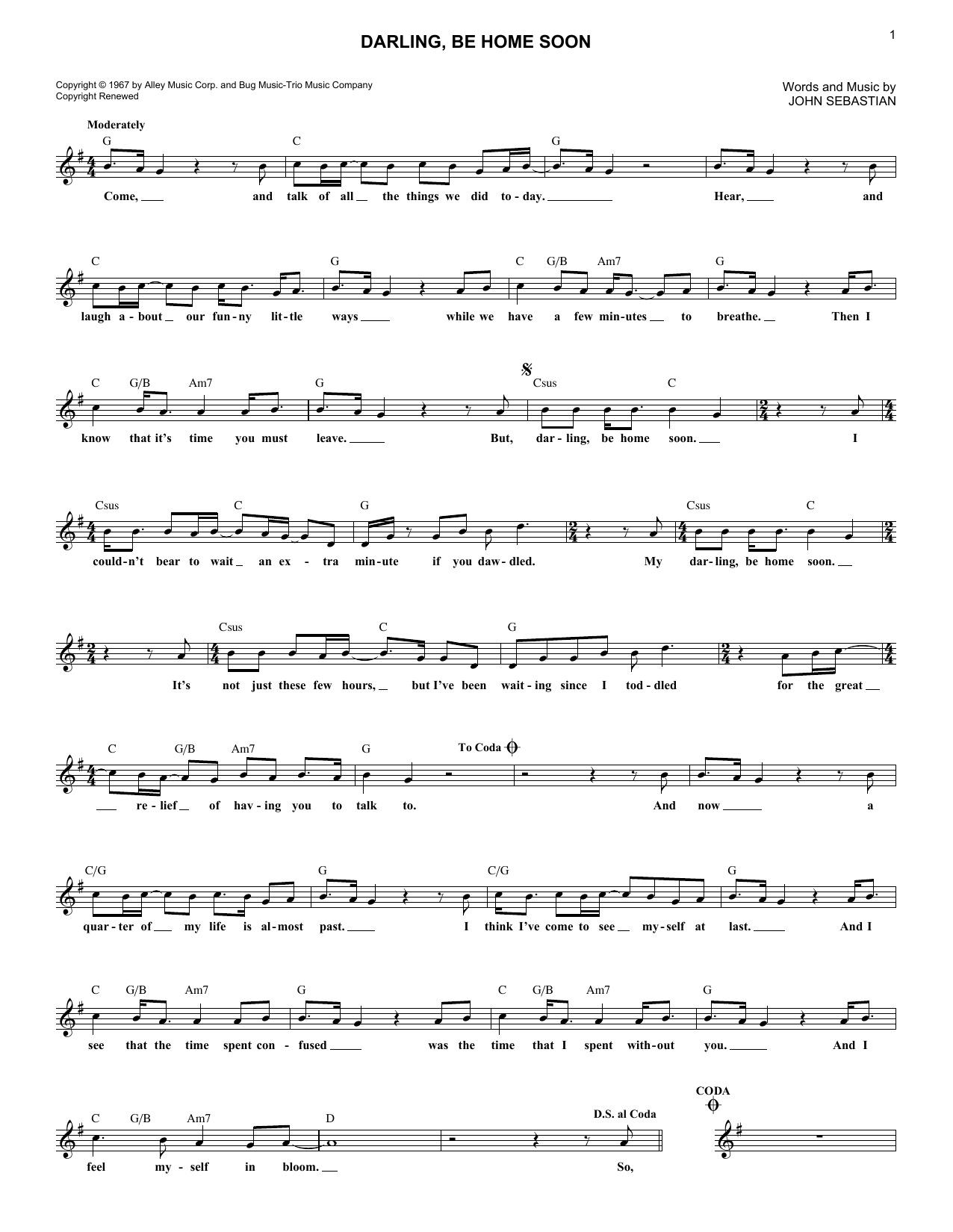 Download Lovin' Spoonful Darling, Be Home Soon Sheet Music and learn how to play Melody Line, Lyrics & Chords PDF digital score in minutes