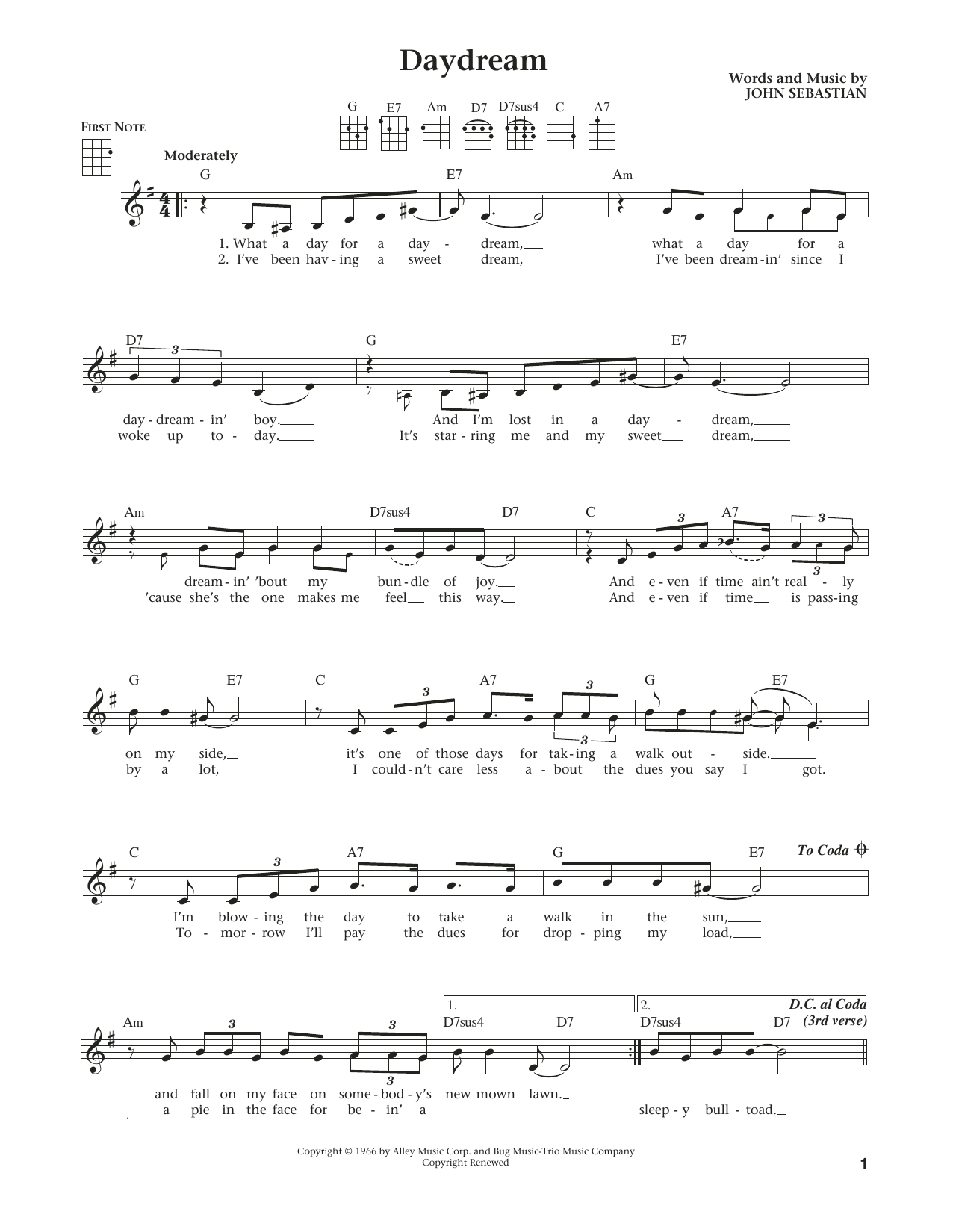 Download Lovin' Spoonful Daydream Sheet Music and learn how to play Ukulele PDF digital score in minutes