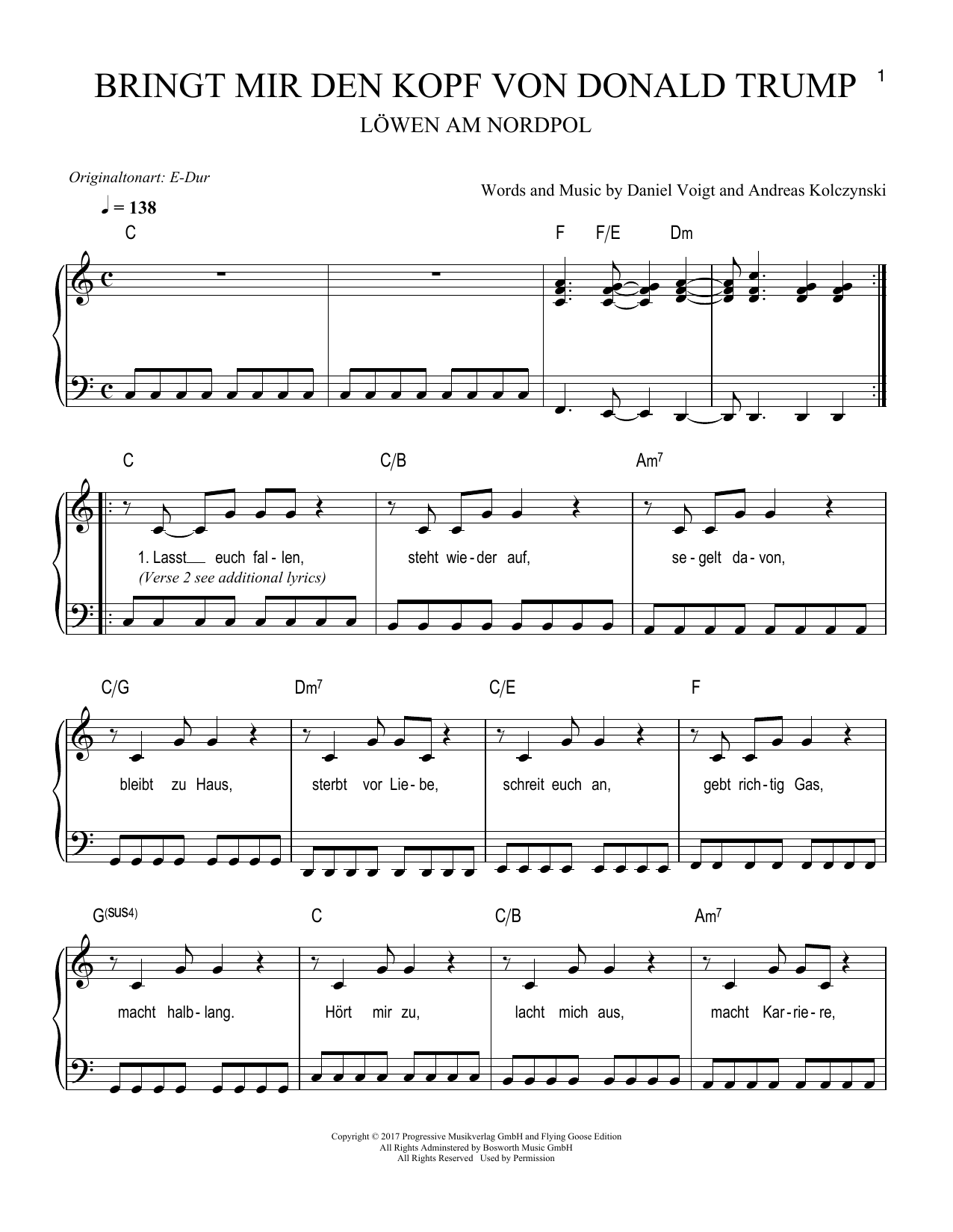 Download Löwen am Nordpol Bringt mir den Kopf von Donald Trump Sheet Music and learn how to play Easy Piano PDF digital score in minutes