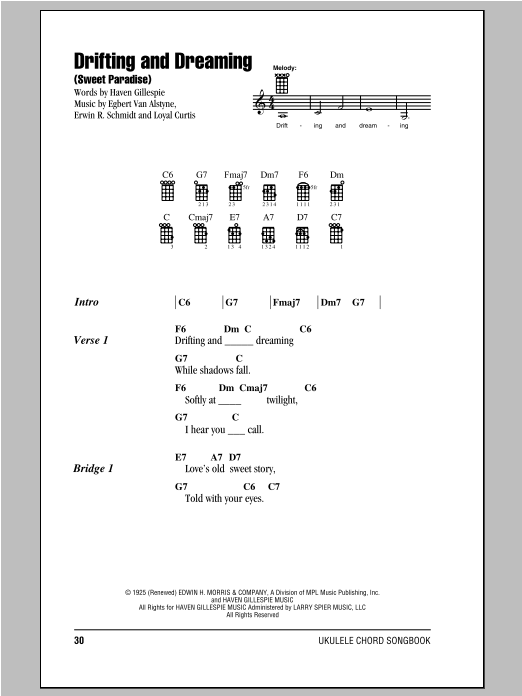 Download Loyal Curtis Drifting And Dreaming (Sweet Paradise) Sheet Music and learn how to play Ukulele Chords/Lyrics PDF digital score in minutes