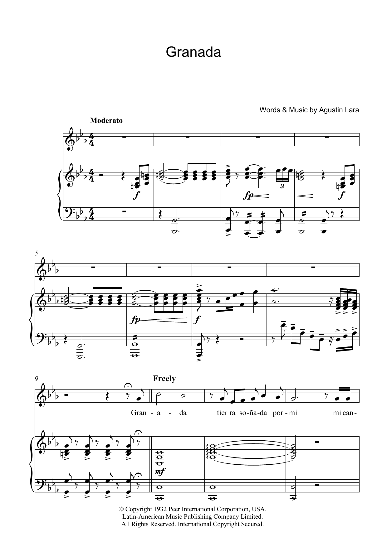 Download Luciano Pavarotti Granada Sheet Music and learn how to play Piano, Vocal & Guitar PDF digital score in minutes