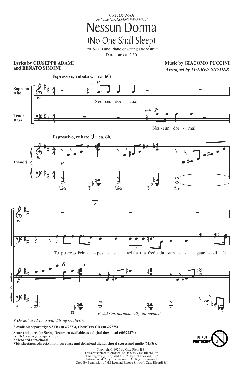 Download Luciano Pavarotti Nessun Dorma (No One Shall Sleep) (from Turandot) (arr. Audrey Snyder) Sheet Music and learn how to play SATB Choir PDF digital score in minutes