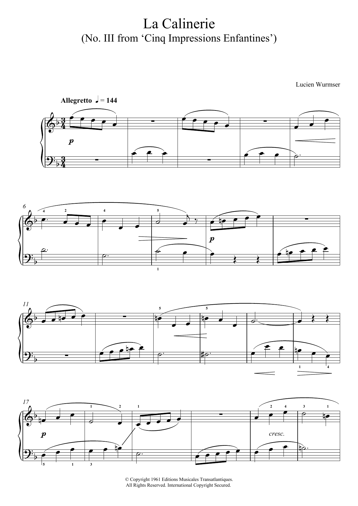 Download Lucien Wurmser La Calinerie (No. III From 'Cinq Impressions Enfantines') Sheet Music and learn how to play Piano PDF digital score in minutes