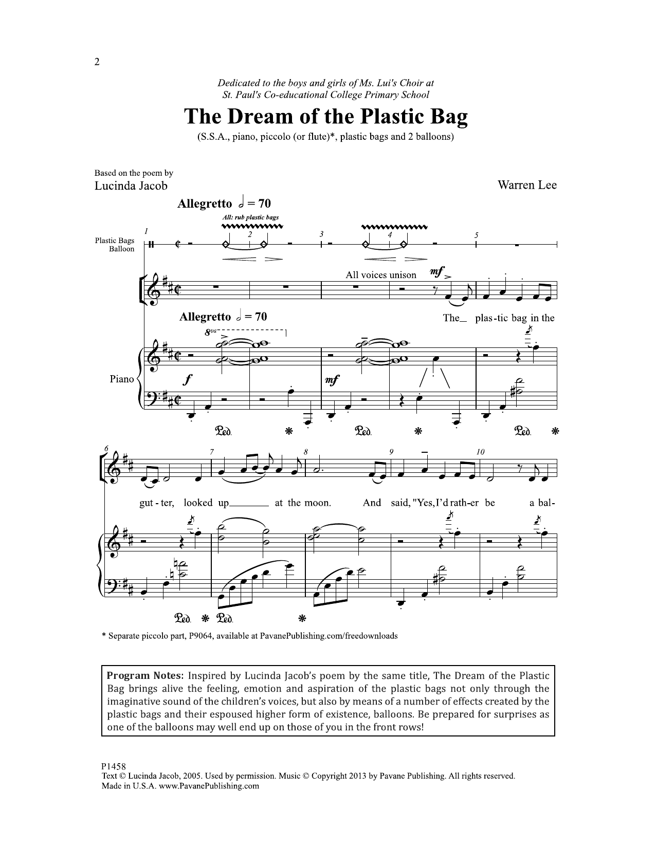 Download Lucinda Jacob The Dream of the Plastic Bag Sheet Music and learn how to play SSA Choir PDF digital score in minutes