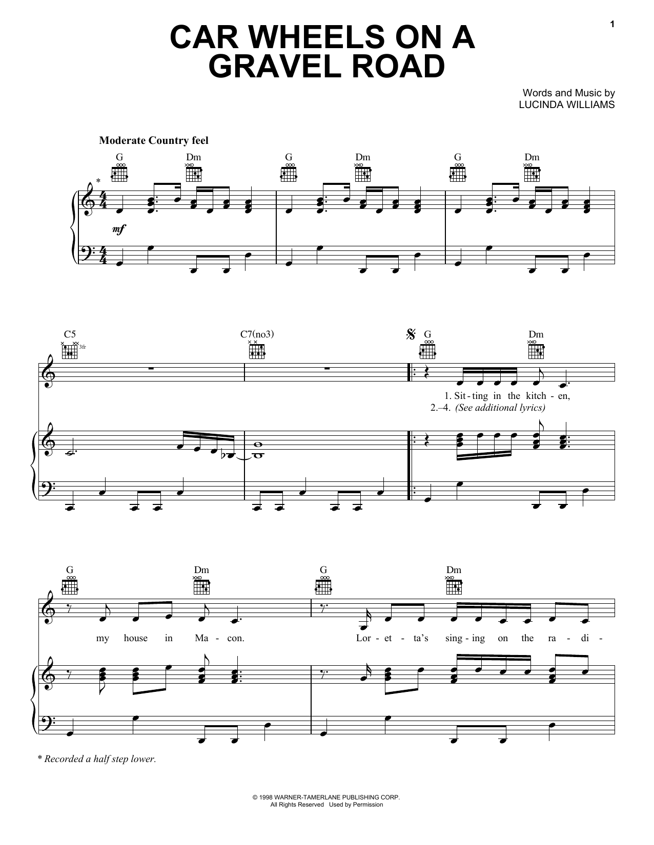 Download Lucinda Williams Car Wheels On A Gravel Road Sheet Music and learn how to play Piano, Vocal & Guitar Chords (Right-Hand Melody) PDF digital score in minutes