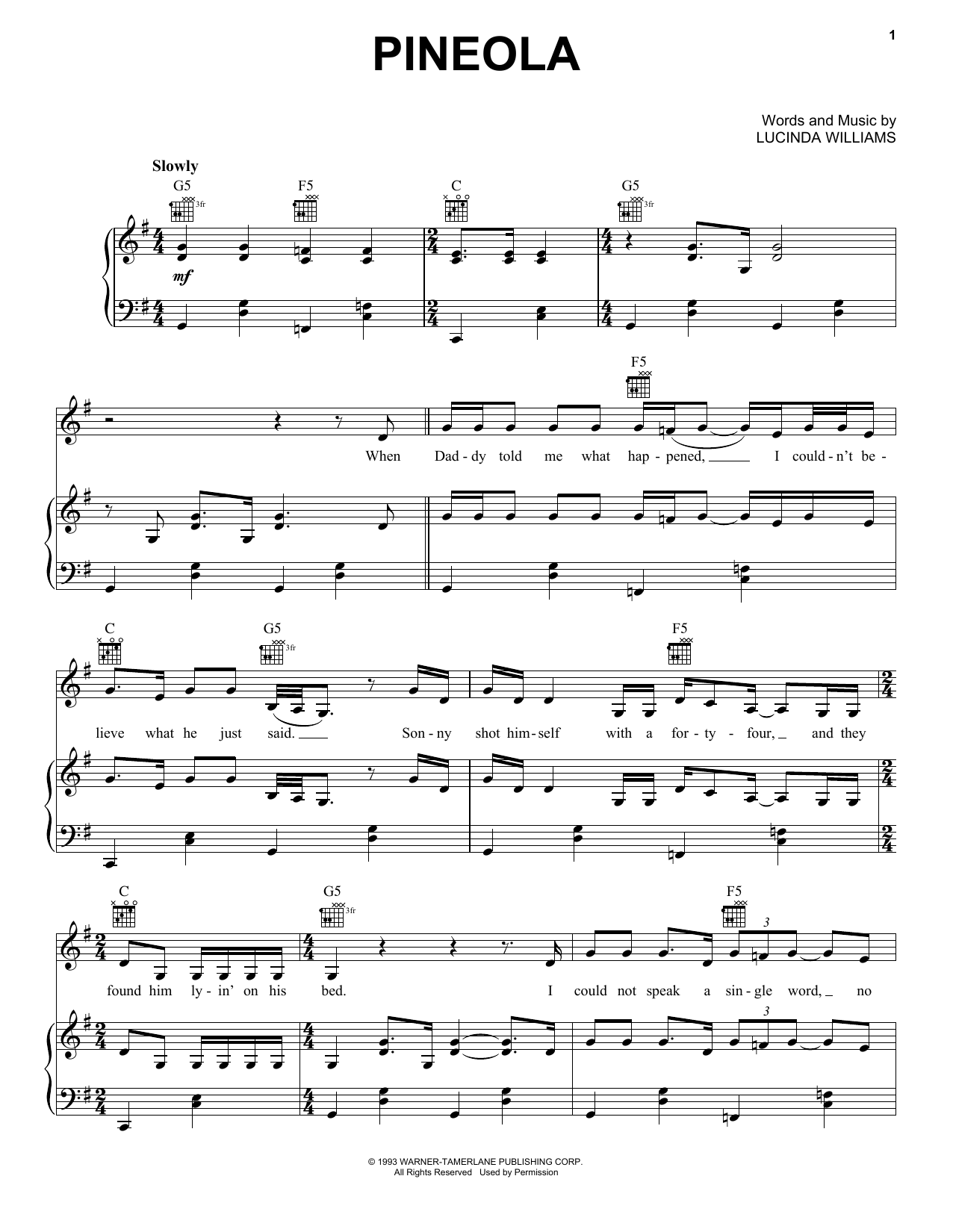 Download Lucinda Williams Pineola Sheet Music and learn how to play Piano, Vocal & Guitar Chords (Right-Hand Melody) PDF digital score in minutes