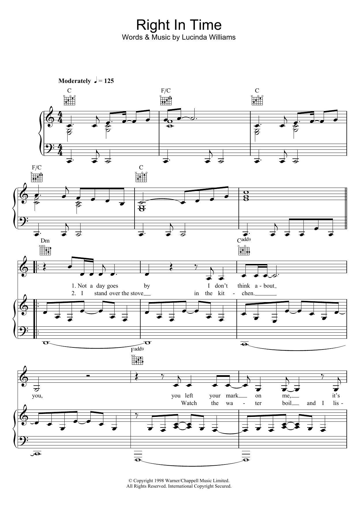 Download Lucinda Williams Right In Time Sheet Music and learn how to play Piano, Vocal & Guitar PDF digital score in minutes