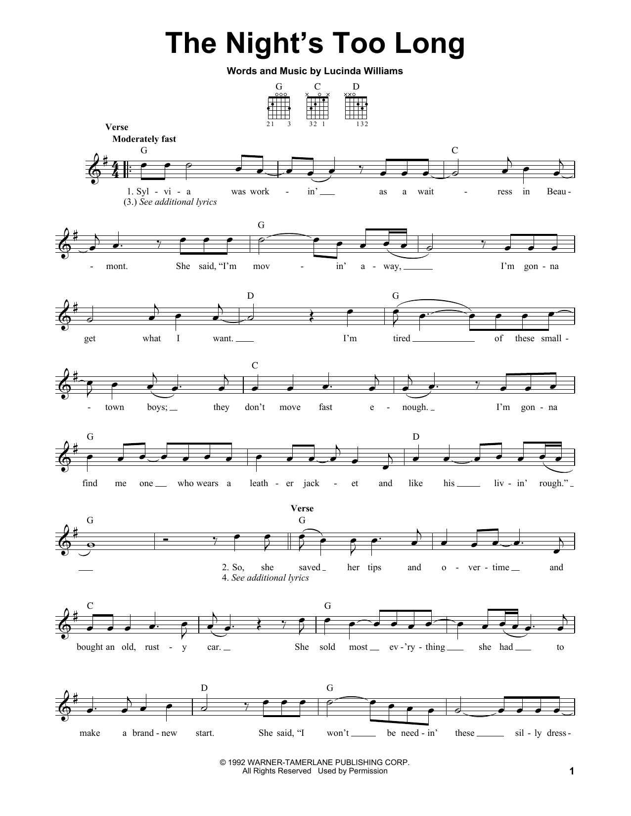 Download Lucinda Williams The Night's Too Long Sheet Music and learn how to play Easy Guitar PDF digital score in minutes
