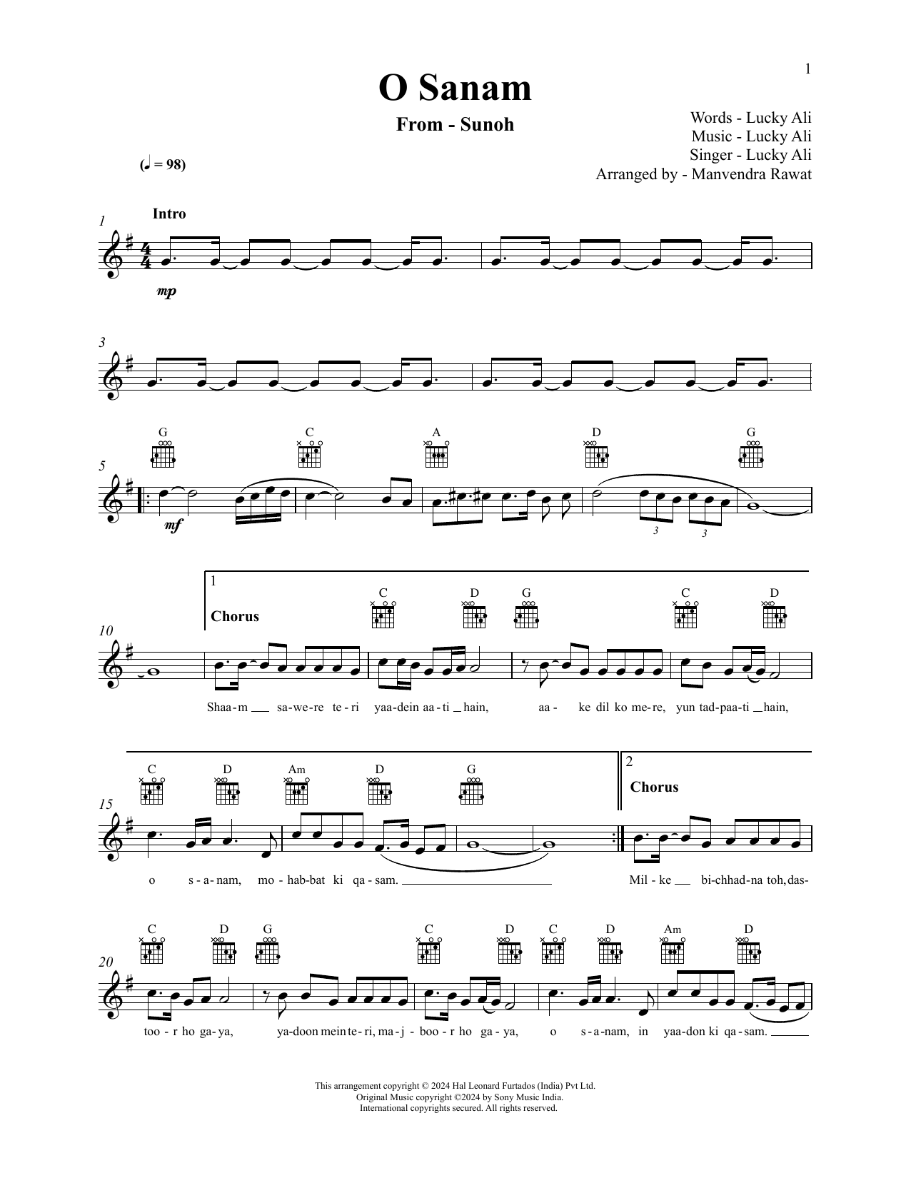 Download LUCKY ALI O Sanam Sheet Music and learn how to play Lead Sheet / Fake Book PDF digital score in minutes