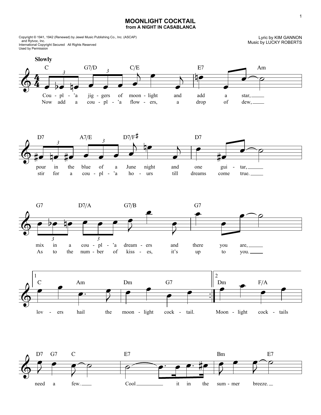 Download Lucky Roberts Moonlight Cocktail Sheet Music and learn how to play Melody Line, Lyrics & Chords PDF digital score in minutes