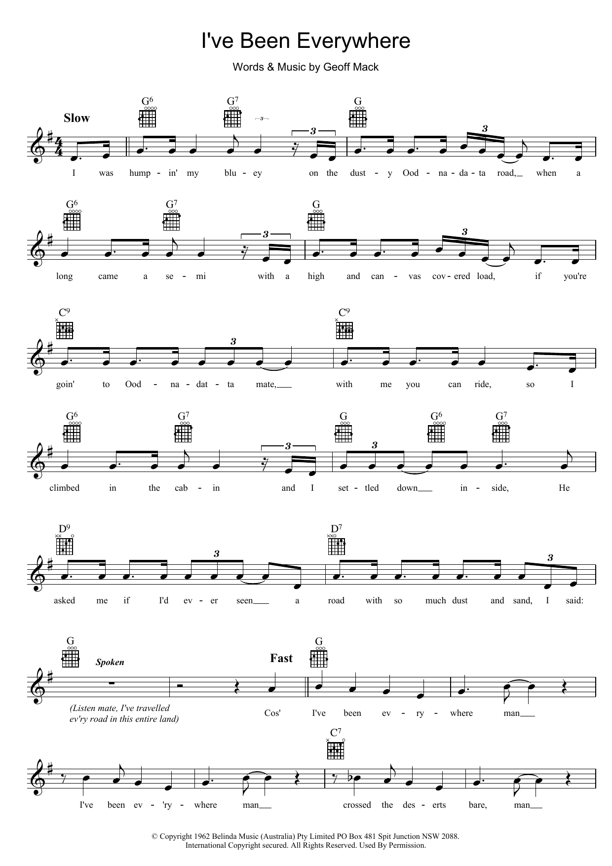Download Lucky Starr I've Been Everywhere Sheet Music and learn how to play Melody Line, Lyrics & Chords PDF digital score in minutes