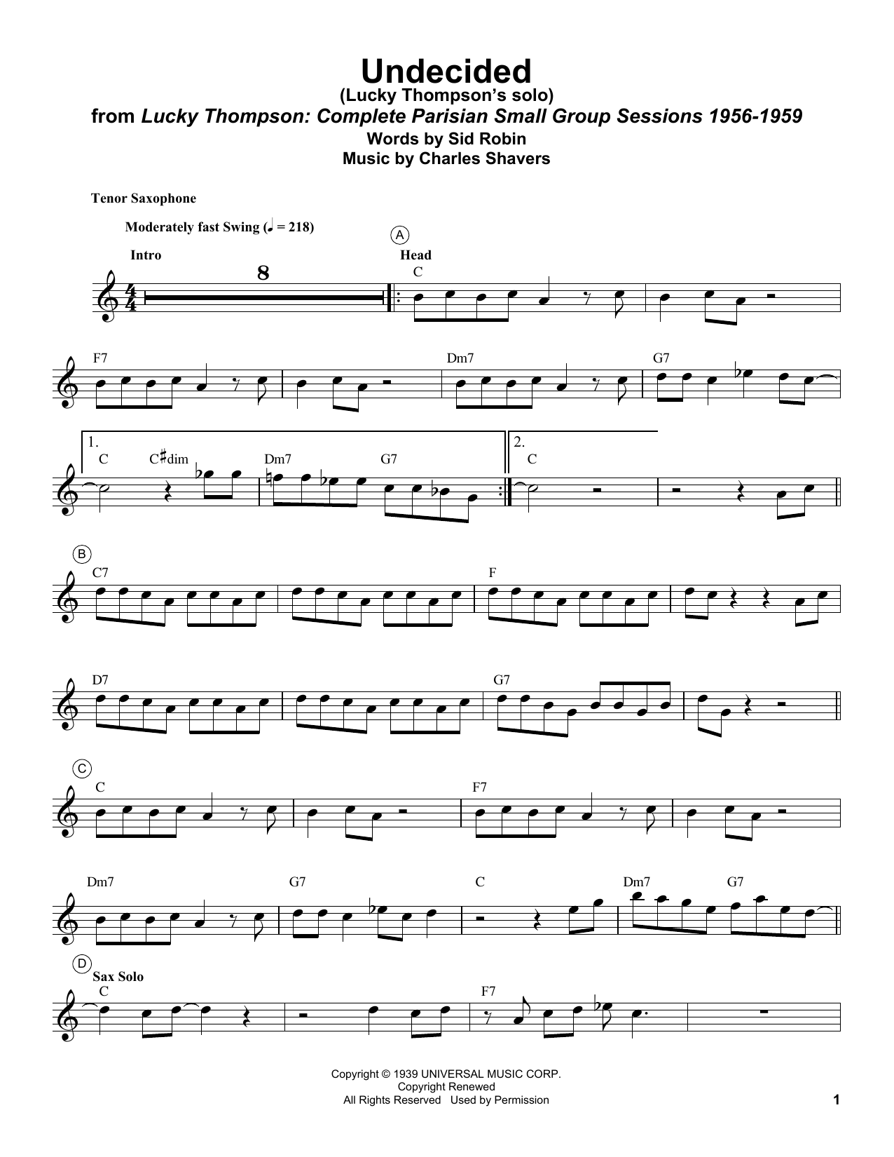 Download Lucky Thompson Undecided Sheet Music and learn how to play Tenor Sax Transcription PDF digital score in minutes