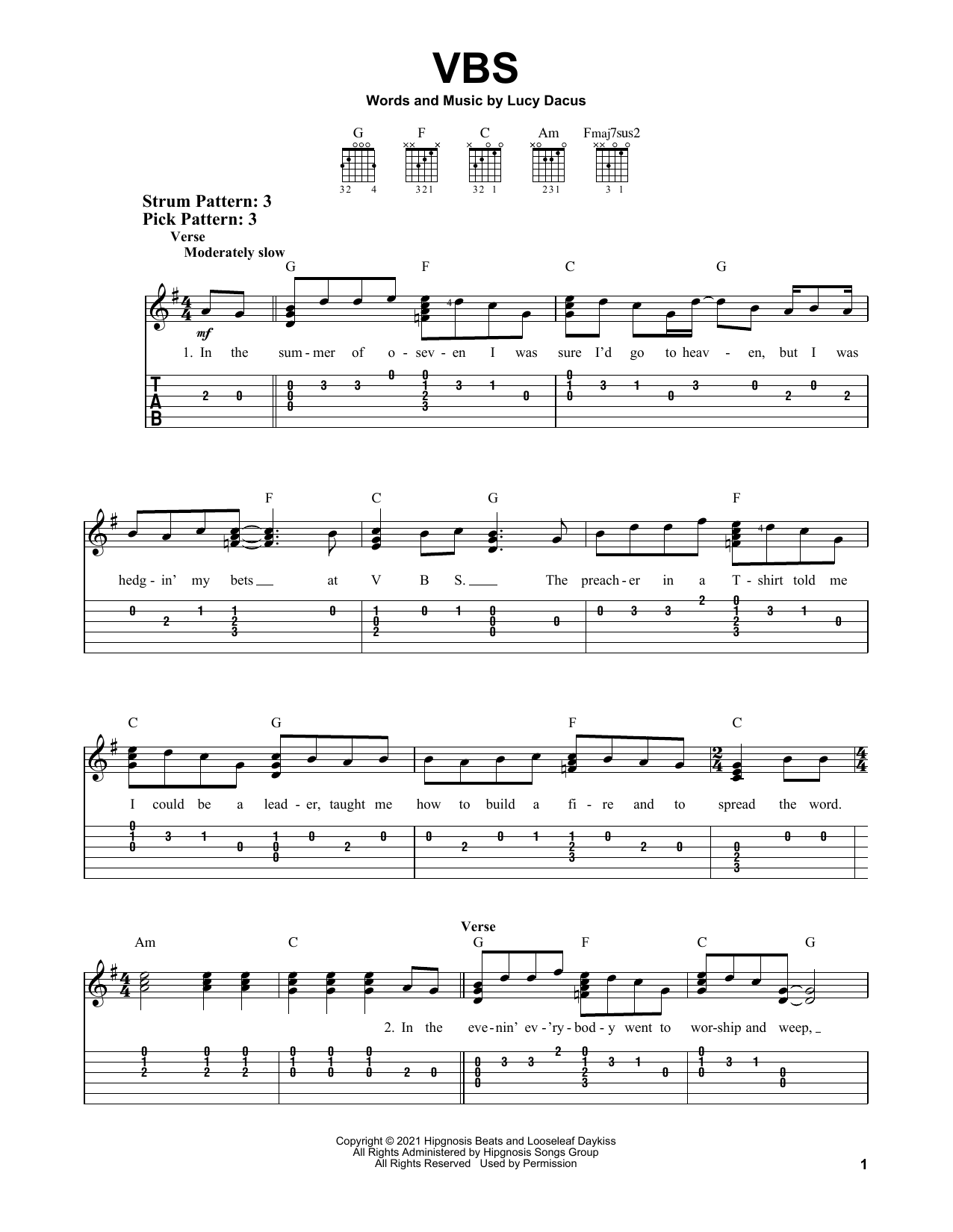 Download Lucy Dacus VBS Sheet Music and learn how to play Easy Guitar Tab PDF digital score in minutes